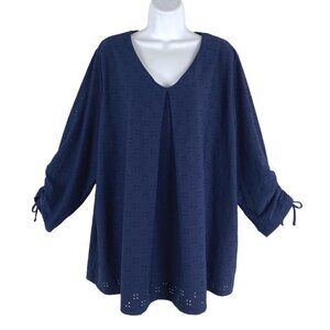 Catherines Top 2X Eyelet Blue Ruched 3/4 Sleeve Polyester Spandex CJ-1274‎